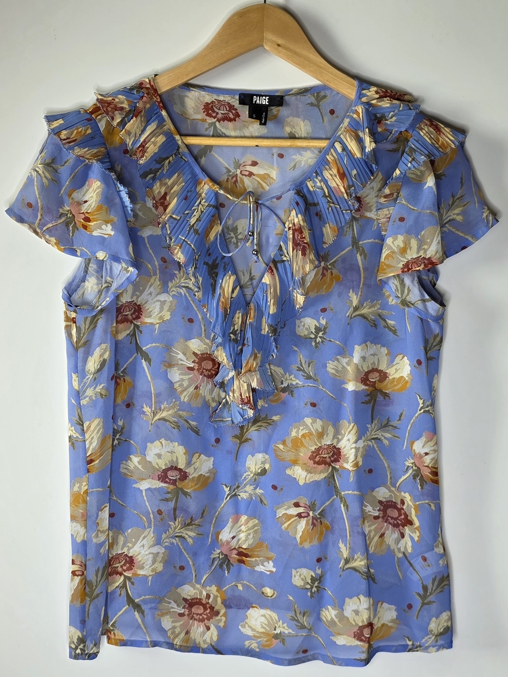 PAIGE Caruso 100% Silk Blue Floral Ruffle Short Sleeve Top Size Small Exc. Condi